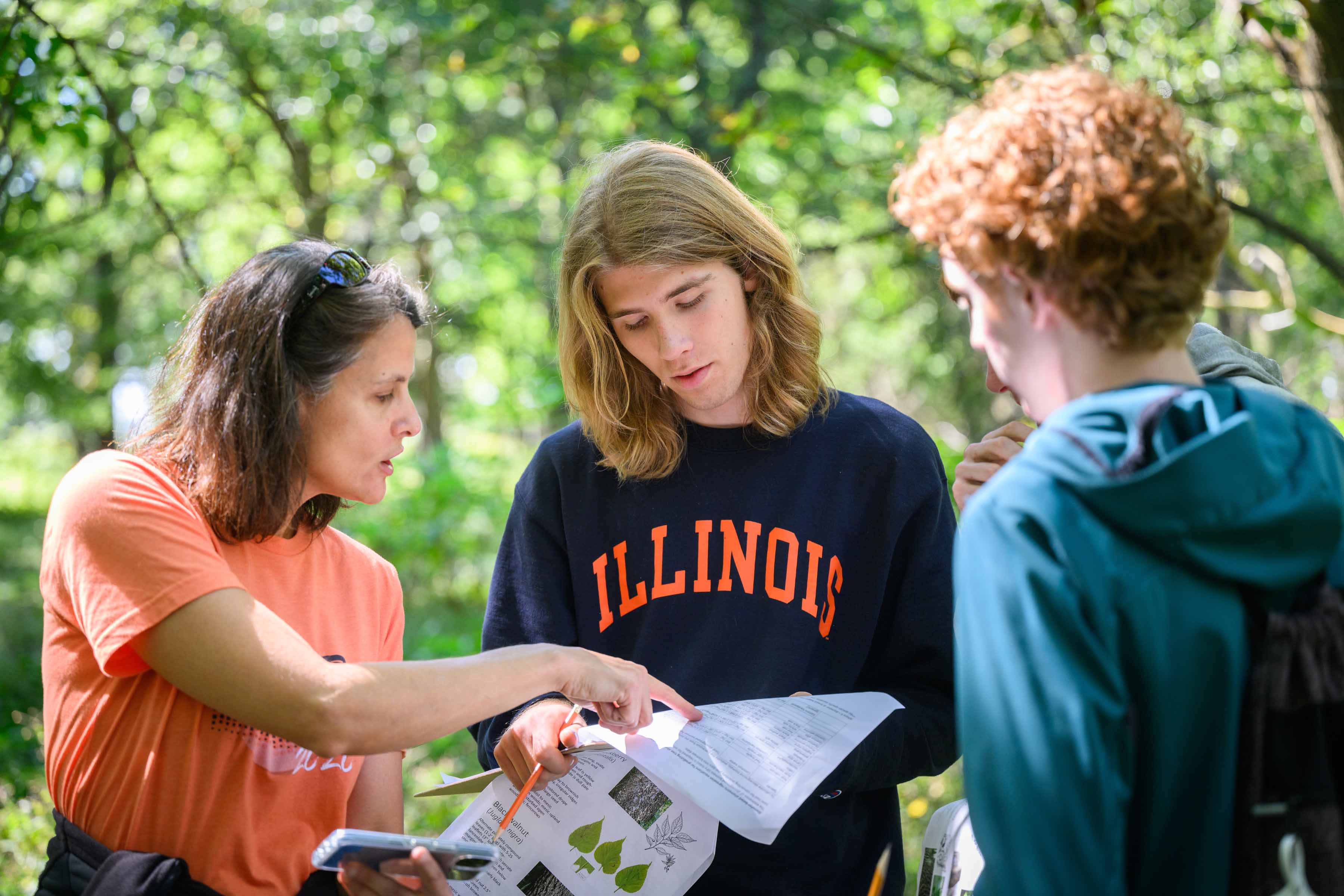 people in woods looking at diagram