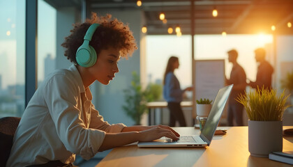 person wearing headphones with a laptop in an office setting