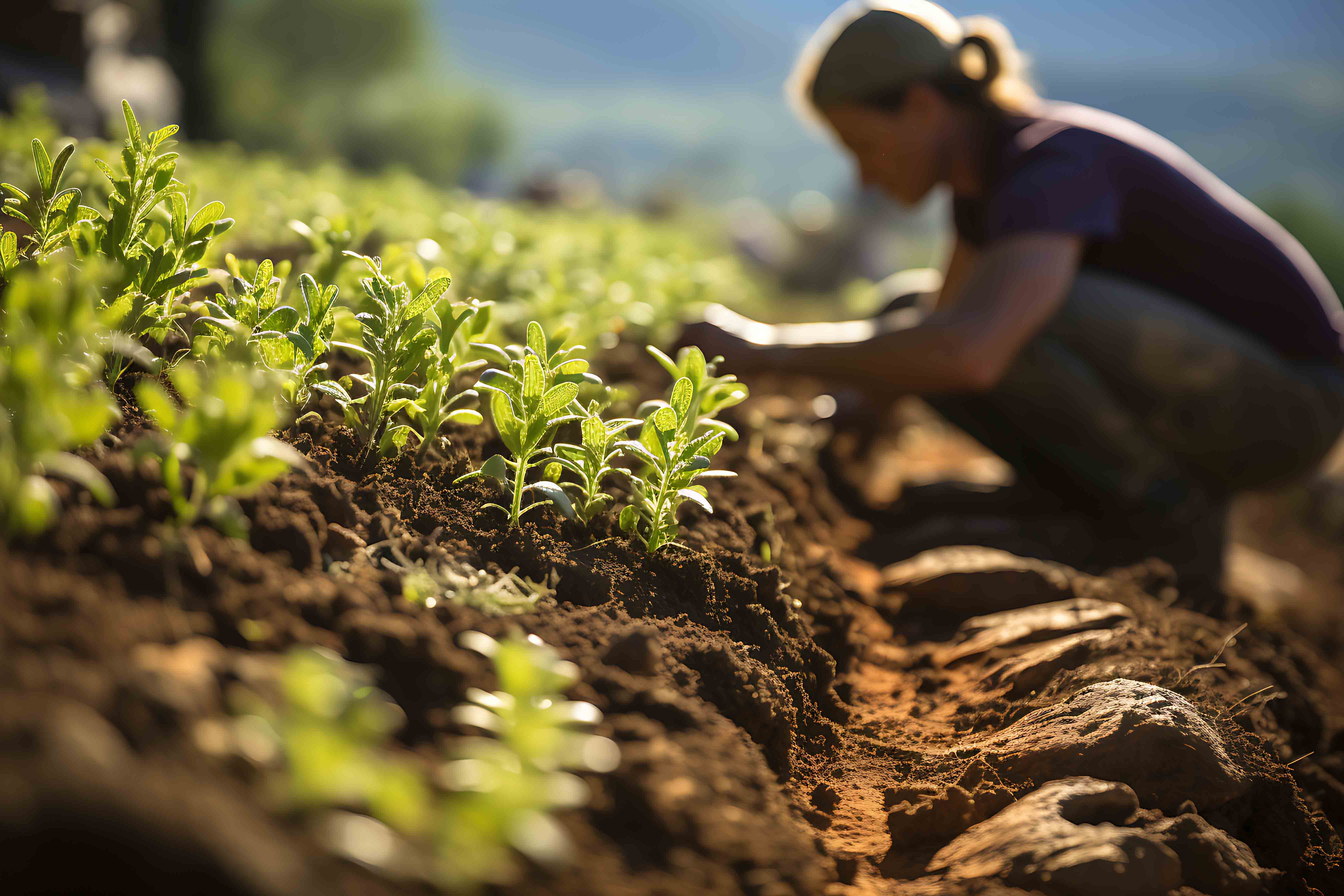 Person working in a field with crops and soil