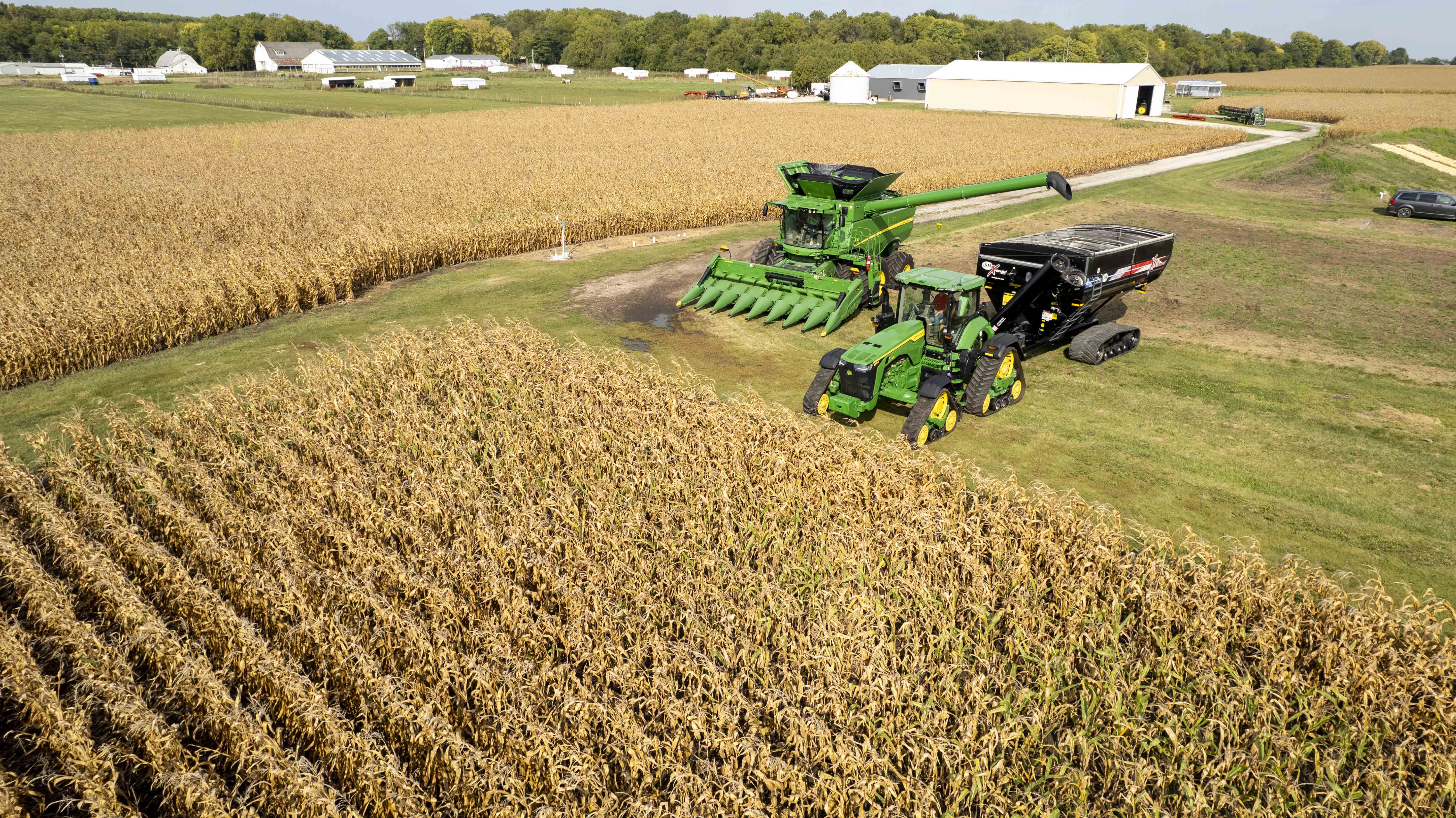 Farm equipment in corn field