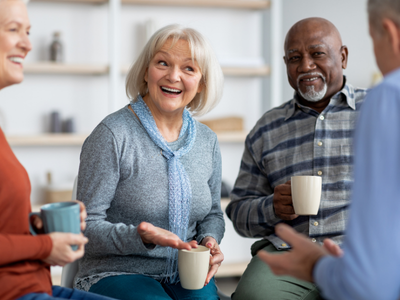 Four people in a semi-circle holding coffee mugs and talking.