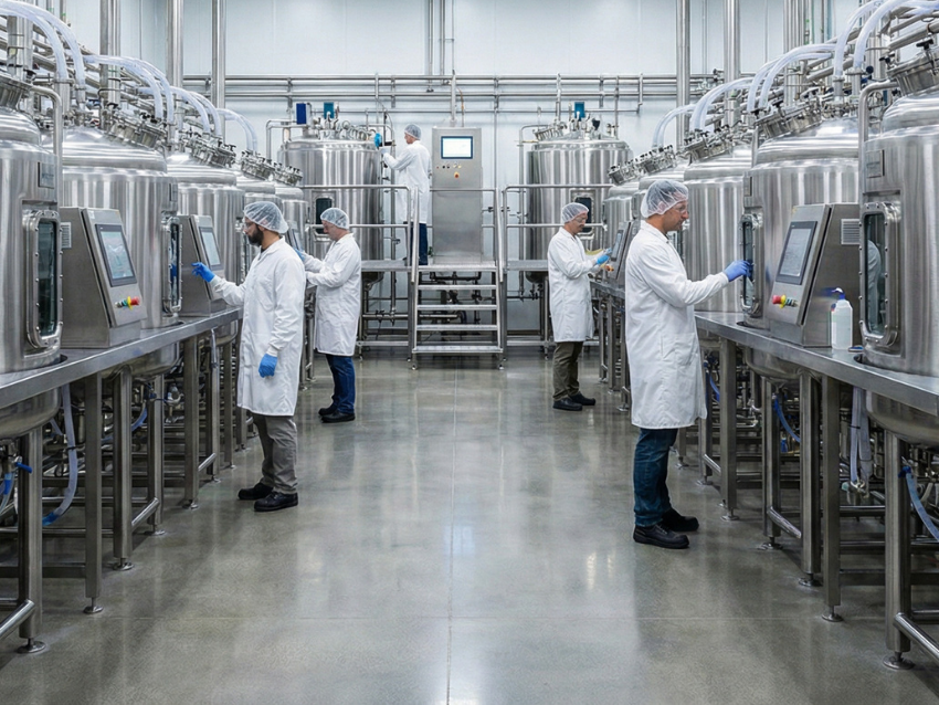 People in white lab coats working in a fermentation lab